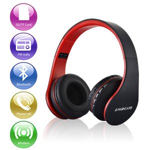 Cuffie Bluetooth LOBKIN Auricolari Stereo con Microfono Bluetooth 4.1 Pieghevole Over-Ear Senza Fili Cuffie con Microfono Ricaricabile Riduzione del Rumore Interno Supporto SD/TF Card (red)