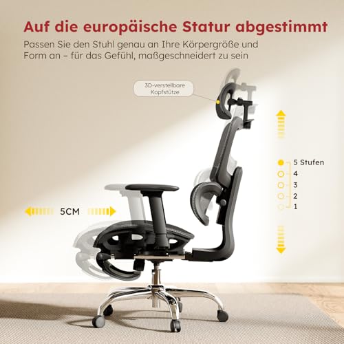 Ergonomic Office Chair Full Mesh 150 kg with Footrest, Desk Chair with Removable Cushion, Self-Adjusting Lumbar Support, Height-Adjustable Backrest, Headrest, PU Wheel, 360°, Black