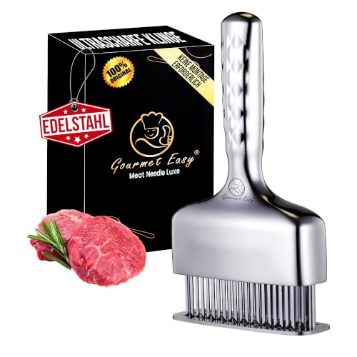 Gourmet Easy Meat tenderiser made of stainless steel, extra long handle, one-piece and sturdy workmanship, steaker with ultra-sharp blades, rust-proof and dishwasher safe, 5 year replacement promise