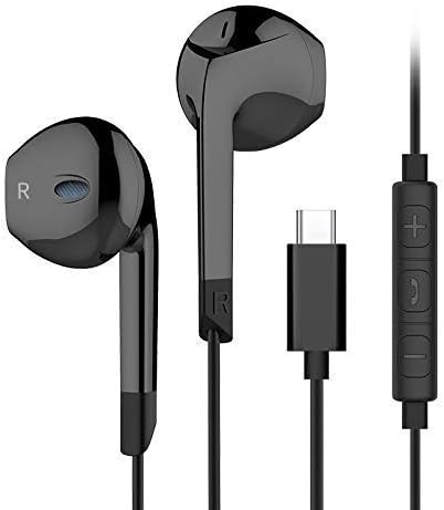 Cable Hunter™ Wired Shiny Black HD USB C Earphones with Microphone Compatible with One Plus 6T, Google Pixel 3/2/XL, Huawei, HTC 10/U11/U12, Xiaomi, Essential Phone