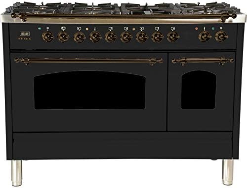 Ilve UPN120FDMPNY 48 Inch Dual Fuel Freestanding Range with 7 Burners, Sealed Cooktop, Double Ovens, Griddle, Convection Oven in Glossy Black, Bronze Trim (Natural Gas)
