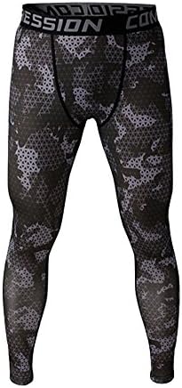 Wogiz Men's and Yonth Boy Compression Pants Running Tights Length Pants Leggings (Dark Gray Digital Camouflage Grid, L)