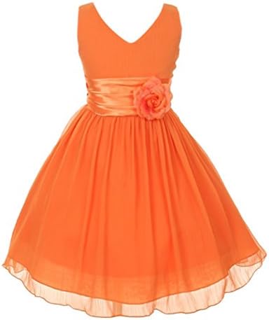 Big Girls Orange Chiffon V-Neck Satin Floral Waist Junior Bridesmaid Dress 10