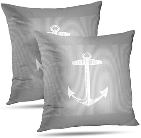 Darkchocl Set of 2 Daily Decoration Throw Pillow Covers Nautical Gray Striped Anchor Square Pillowcase Cushion for Couch Sofa or Bed Modern Quality Design Cotton and Polyester 18 x 18 Inch