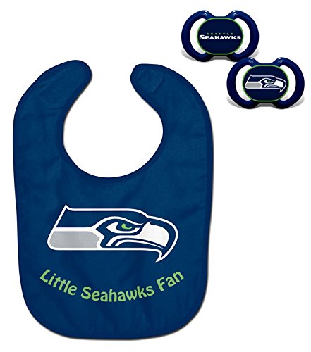 Official NFL Fan Shop Authentic Baby Pacifier and Bib Bundle Set. Start Out Early in Joining The Fan Club and Show Support for Your Favorite Football Team (Seattle Seahawks)