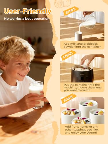FOHERE Yogurt Maker with 2 XXL Jars Capacity 2000 ml and 1400 ml, 4 x 125 ml Cups and Lid, 8 Preset Programs, LCD Display, Timer, Power 20 W, BPA-Free