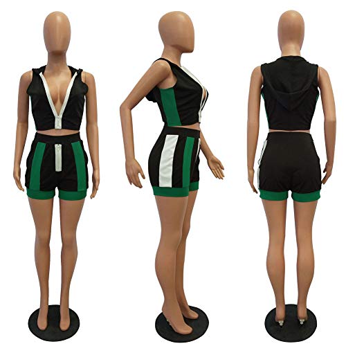 Women Sexy Two Piece Outfits - Summer Rompers Shorts Set Sleeveless Crop Tops with Hoodies Black 2XL