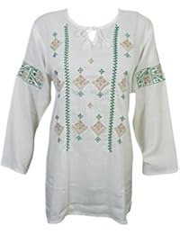 Womens Boho Tunic Top Cotton Embroidered Tie Neck Elegant Summer Love Blouse Shirt Cover Up