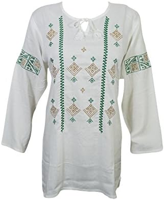 Mogul Interior Womens Boho Tunic Top Cotton Embroidered Tie Neck Elegant Summer Love Blouse Shirt Cover Up
