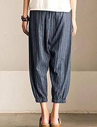 MAYIPLUS Pantalón de dama Pantalón de lino Casual Capri a rayas Pantalones sin cordones con bolsillos