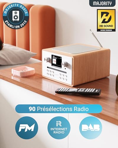Dab Plus Radio with CD Player | Bluetooth WiFi Internet Radio | CD Tuner Amp with Spotify Connect & Podcast | Colour LED Display and Remote Control | Majority Homerton Oak