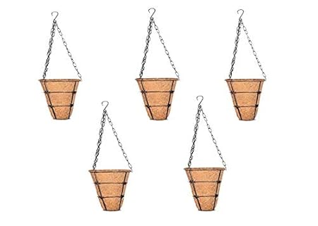 COIR GARDEN Conical Coir Basket with Stand, Flower Basket with Hanging Metal Chain Coco Pots (Pack of 5) - Dia 15 cm, Height - 23 cm