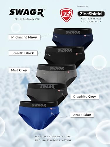 SWAGR 5 Pack Men's Super Combed Cotton Underwear Briefs | Classic TruComfort Fit | Powered by ZincShield Anti-Bacterial Tech | Aerflo Breathability | 4-way FlexStretch | SOXCO Style SG03