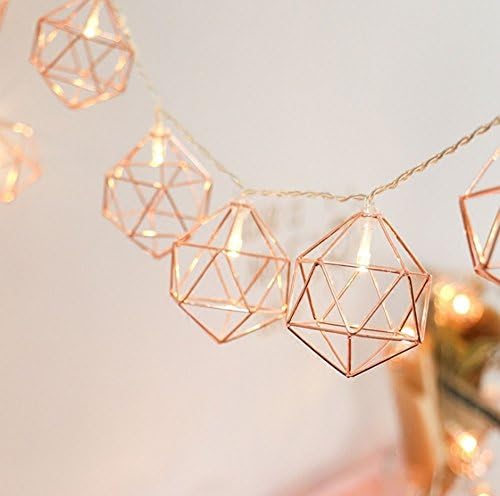 Metal String Lights,SUAVER 3.3M/10ft 20LED Rose Gold Metal Geometric Lights Battery Powered Indoor Decorative Lights for Holiday Christmas Wedding Party Home Decoration (Polyhedral-1)