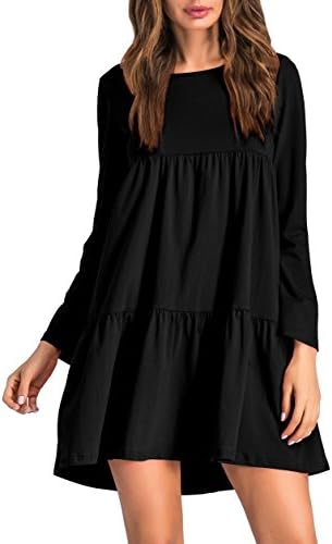 ZJCT Womens Long Sleeve Loose Dress Round Neck Pleated Swing Casual Dresses Black M