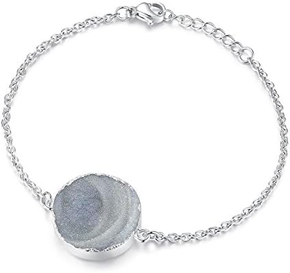TOUGHARD Minimalist Handmade Natural Agate Druzy Charm Bracelet, Delicate Jewelry for Girls Women (Round-Silver)