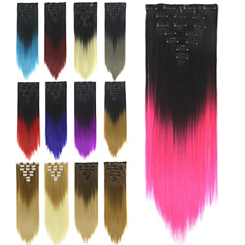 IMISSU 24 Inch 7PCS Set Long Straight Clip in Hair Extensions Ombre Color Full Head Hair Extension Hairpiece for Women 120g (Ombre Pink)
