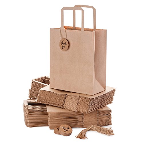 Kraft Paper Bags Bulk with Handles for Shopping, Merchandise, Party, Wedding, Business, Craft Fair, Gifts, Goody, Retail | Set of 50 pcs, Medium 8x4.75x10 in | Comes with Thank-You Tags and Strings