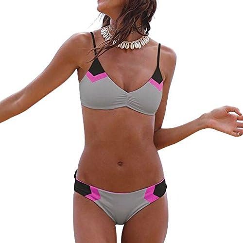 Womens Bikini Set Splicing Swimsuit Casual Adjustable Strap Beachwear Padding Sexy Gray Medium
