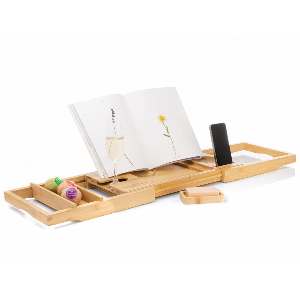 TranquilBeauty Sustainable Natural Bamboo Bath Board with Secure Slot Mechanism for iPad, Tablet and Phone | Luxury Extendable Over Bathroom Tray with Wine Holder