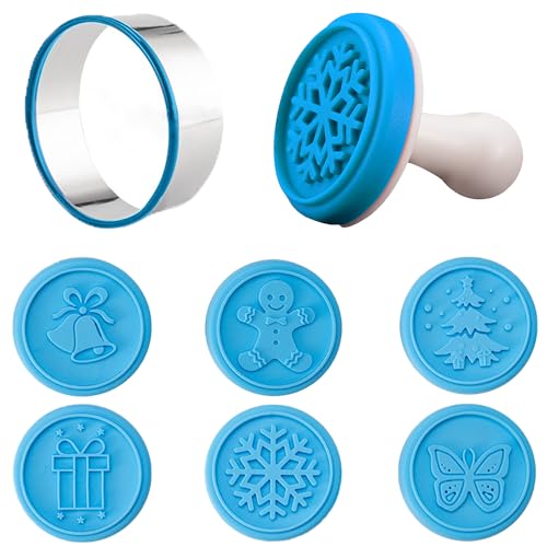 Christmas Cookie Stamps Set of 6, Heat Resistant Silicone Cookie Stamps for Baking, Include 6 Stamps, 1 Round Cookie Cutter, 1 Press, Christmas DIY Baking Gift, Non Stick and BPA Free