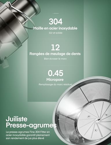 JUILIST Juice Extractor Juicer Juicer for Fruit and Vegetables, 65 mm Feeding Chute 3 Settings with Cleaning Brush, Easy to Clean, BPA Free