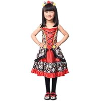 Aicker Girls Skull Flowers Costume - Funny Fancy Childrens Halloween Christmas Party Cosplay Sling Dress with Headwear for Kids (M) Red