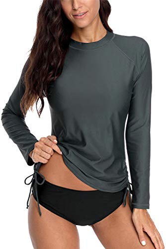 ALove Drawstring Rash Guard for Women Sun Protection Swim Tee UV Shirt Gray M
