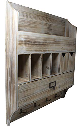 Extra Large Vintage Rustic Country Torched Wood Wall Mountable Entryway Organizer â€“ Accessory Sorter With Mail Slots Coat Rack & Keychain Hanger For Hallway, or Mud Room â€“ Barnwood/White Washed