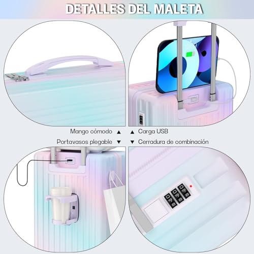 HOGESA Maleta Carry On, 20" y 14", con Neceser, Portavasos, USB Puerto de Carga y Práctico Gancho, Ruedas Giratorias Silenciosa 360°, Candado de Seguridad(Arcoíris)