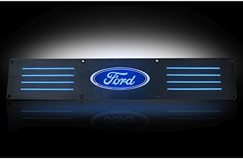Ford 09-14 F150 &amp; 09-14 SVT RAPTOR Billet Aluminum Door Sill / Kick Plate (2pc Kit Fits Rear Doors Only) in Black Finish - Ford Logo in BLUE ILLUMINATION