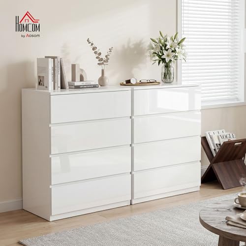 HOMCOM Dresser for Bedroom with 4 Drawers, High Gloss Chest of Drawers with Metal Runners and Groove Handles for Living Room, Hallway, White