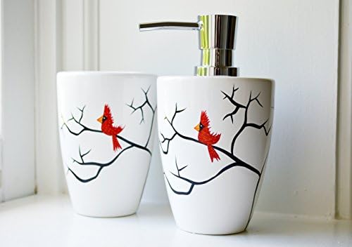 Soap Dispenser and Toothbrush Holder - 2 Piece Cardinal Bathroom Set, Red Bird, Decorative Soap Pump
