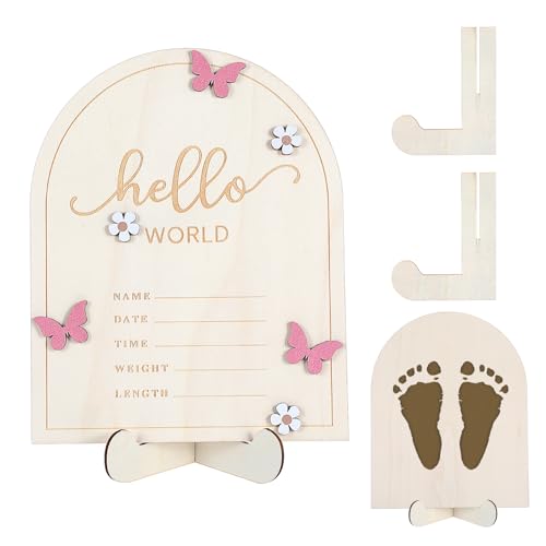 Tyqour Wooden Hello World Newborn Sign Birth Announcement Sign for Baby Showers Pink Butterfly Welcome Baby Newborn Announcement Board for Hospital Nursery with Photo Frame and Stand