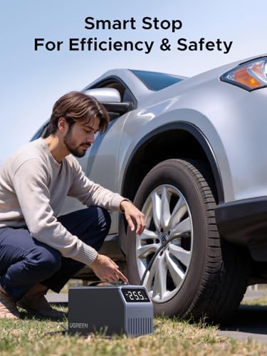 UGREEN Portable Tire Inflator 12V DC, Air Compressor with LED Display, 150 PSI, 4500mAh Rechargeable Battery, Preset Pressure & Auto Shutoff, Electric Pump for Car Tires, Bikes, Balls