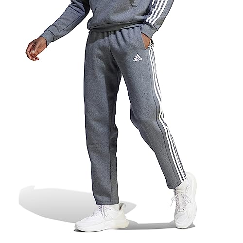 adidas Men’s Essentials Fleece Open Hem 3-Stripes Pants, Dark Grey Heather, Large