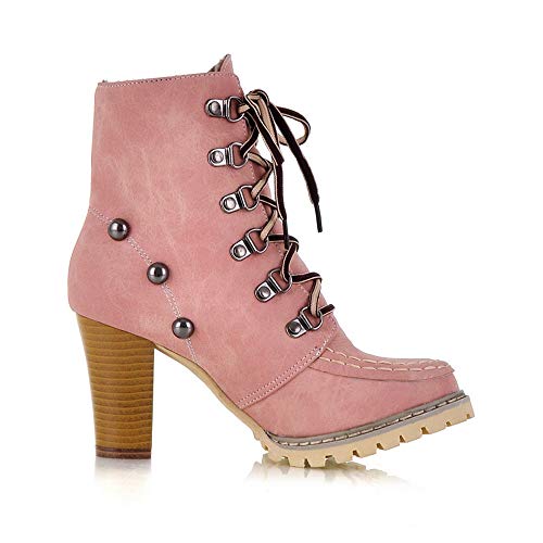 Teresamoon Women‘s Leisure Rivets Shoes Non-Slip Lace-Up High Heel Short Tube Boots (Pink/39) - Thumbnail 3