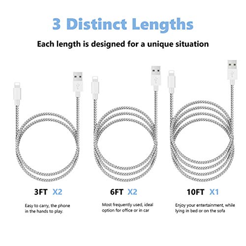 image for Besiva Phone Charger 5Pack 3FT 3FT 6FT 6FT 10FT Nylon Braided USB Char