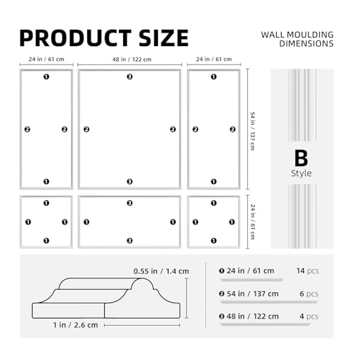 JSIWOTH 6 Frames Self Adhesive Wall Moulding Kit, Pre Cut Wall Panels for Interior Wall Decoration, DIY Frame Style Mouldings for Living Room, Bedroom, Hallway, Accent Wall, White