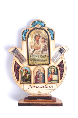 Hamsa Table Stand Home Blessing with Semi Precious Stones Holy Family White Maria Jesus Saint George Icon