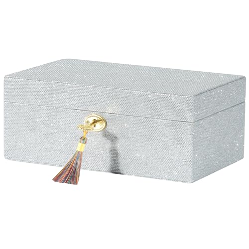 Photo 1 of VinneGenzz Decorative Storage Boxes with Locking Lid Luxurious Shiny Lockable Glitter Basket Bin Vintage Faux Leather Lidded Memory Box Chest Keepsake Photo Jewelry Organizer Container (Sliver)