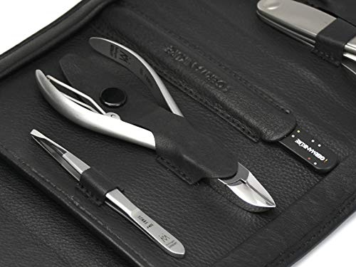 7pcs Manicure Pedicure Set German FINOX Surgical Stainless Steel: Cuticle Nippers, Toenail Clippers, Nail Clipper, Cuticles Scissors, Pusher, Tweezers and Glass Nails File in Leather by GERmanikure