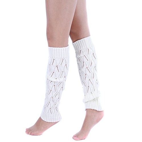 SEADEAR New Arrival Hollow Out Winter Warm Cable Knit Knitted Crochet Leg Warmer Boot Long Socks Cover Legging for Women Girls with Stylus White