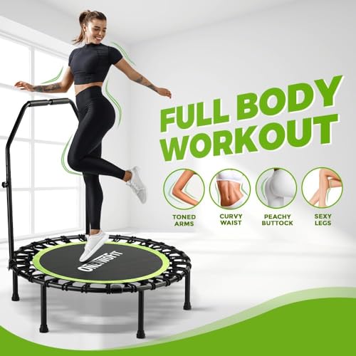 ONETWOFIT Trampolín Plegable para Adultos 101/107/114cm, Mini trampolín de Fitness, con Mango de Espuma Ajustable, elásticos, Ejercicio silencioso para Interior Personal