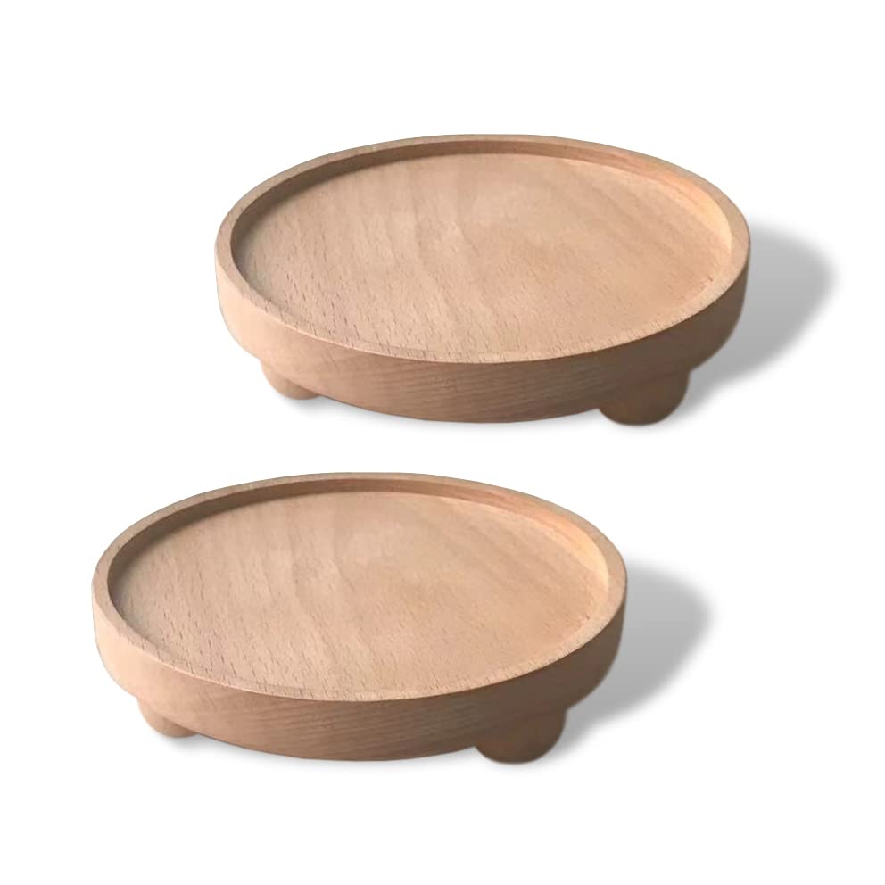 anaan Satel wooden Serving Tray small plates of wood Platter Table Desk storage for Candle Jewelry Keys Plant Stands with legs Display Flower Stand Holder Table Decor Design Set of 2 (round 15cm)