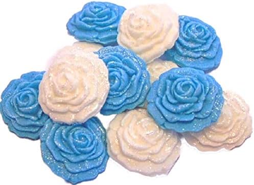 12 Mixed Small Roses Cupcake Topper Decorations (6 Blue 6 White)