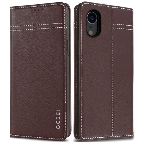 Hülle Echt Leder für iPhone XR - Premium Lederhülle Klapphülle mit Standfunktion und Kartenfächer Flip Case Ledertasche für iPhone XR - 6,1 Zoll (Braun)
