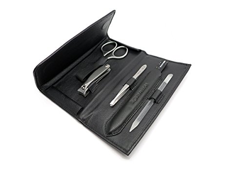 GERManikure 5pc matte stainless steel manicure set in black leather case with magnetic closure