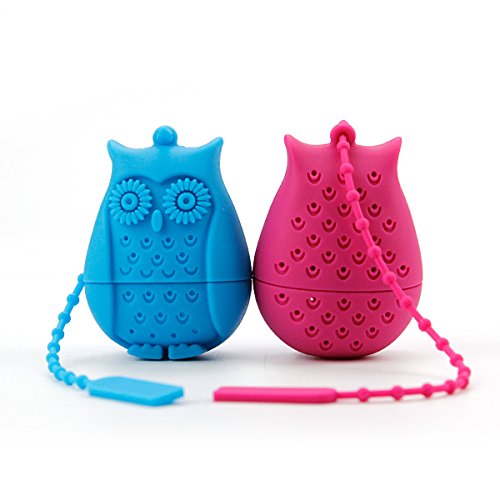 2pcs Silicone Mini Owl Tea Bag,Ezeso Reusable Tea Filter Infuser Strainer for Coffee Herb Punch (Blue + Rose)