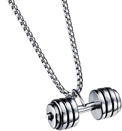 Yowell Titanium Steel Necklace for Men Dumbbell Pendant Necklace Chain Silver Fitness Jewelry
